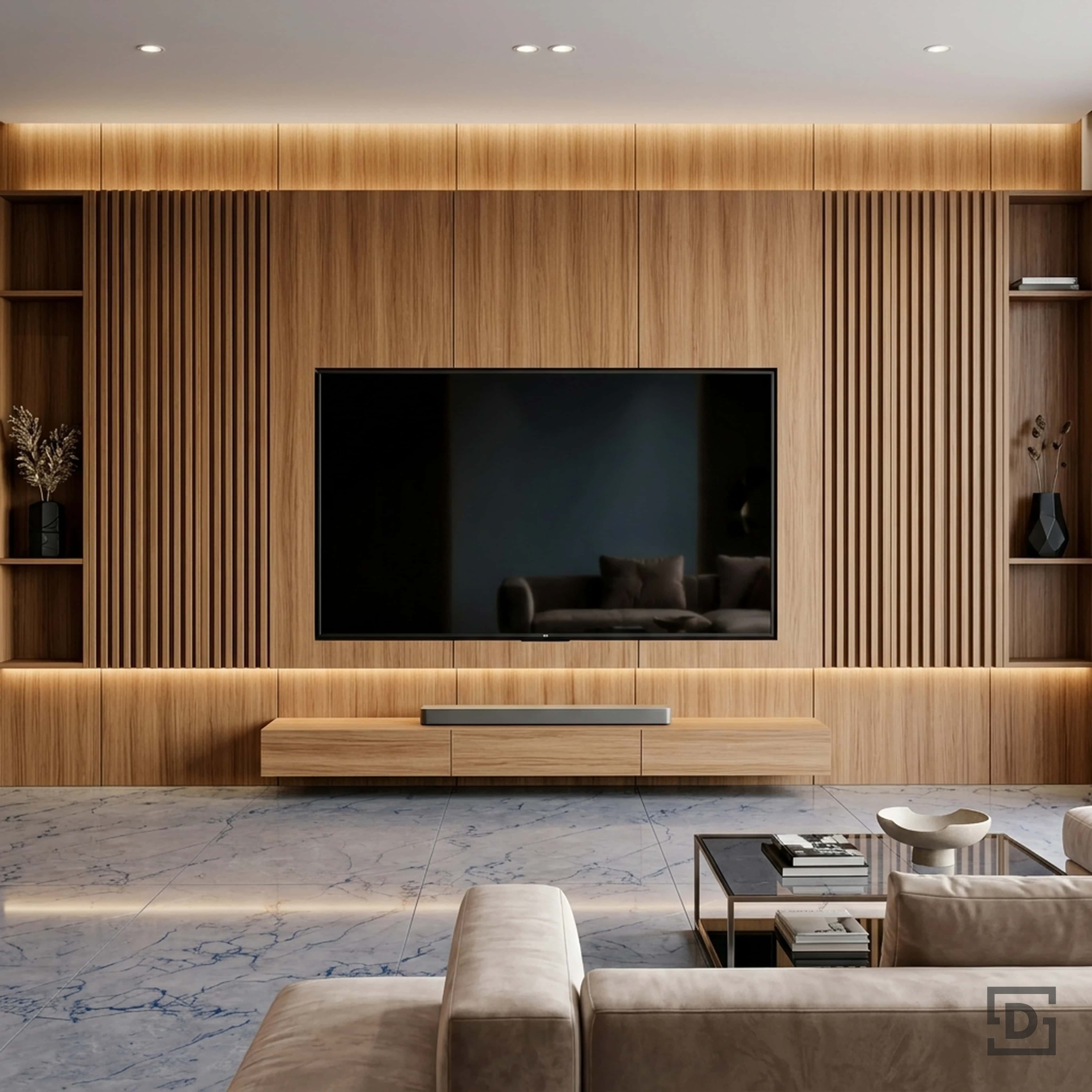 Warm Oak Fluted TV Unit and Blue Veined Marble Flooring Aesthetic Living Room