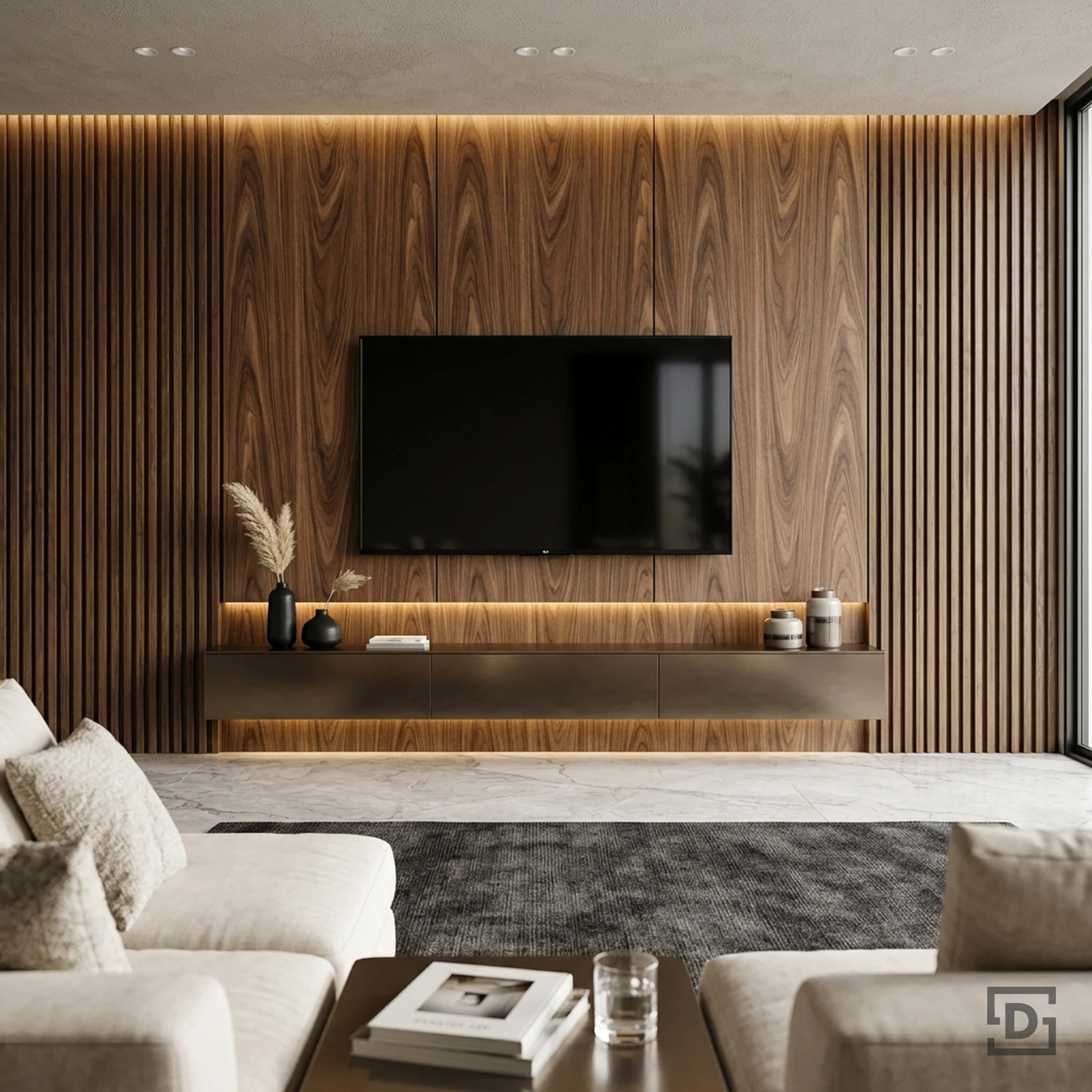 Natural Walnut Fluted Wood Paneling TV Unit